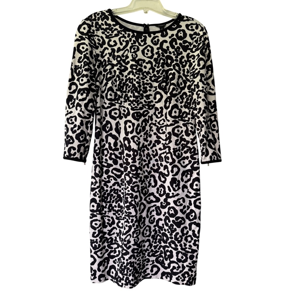 Ann Taylor Black White Leopard Print Sheath Dress Zipper Cuff Size 4‎